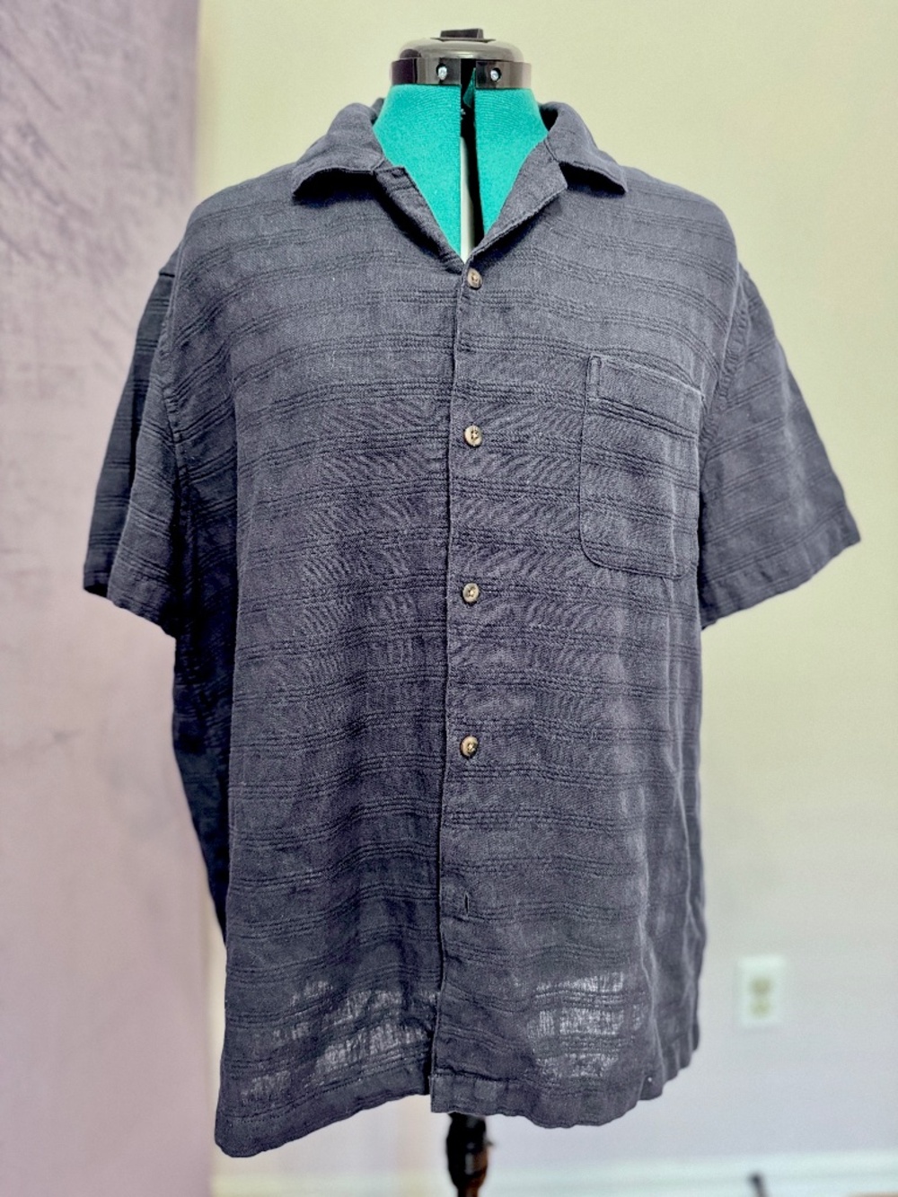 J.Crew Men XL Textured Linen Cotton Camp Shirt Navy Short Sleeve CJ001